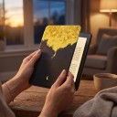 Zwartgele flipcase 6 inch voor Kindle 10e generatie 2019 met illustratie van een figuur onder gele kruinen en de maan, met een band en folie 7