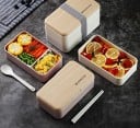 Zweistöckiger Bento-Box für Essen mit Löffel und Essstäbchen Besteckfach Eingebaute Trennwand Deckel mit Holzdekor Aus Kunststoff 18,5 x 10,5 x 2