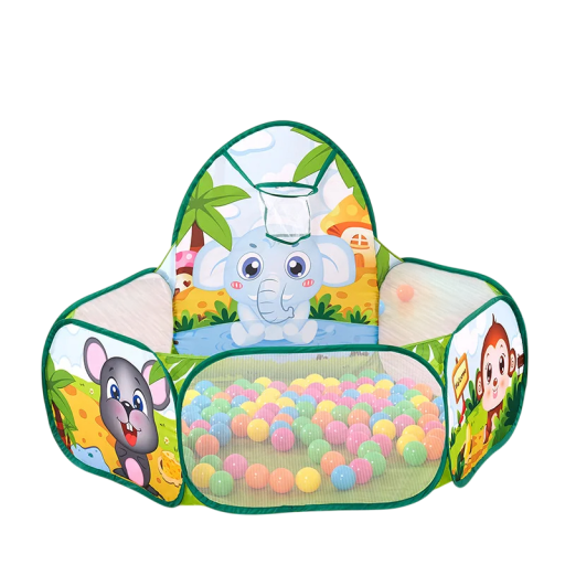 1.2 m Pool with Elephant, Mouse and Monkey Design Children's Tent with Basket PVC Playpen Indoor and Outdoor Toy for Toddlers Montessori Play