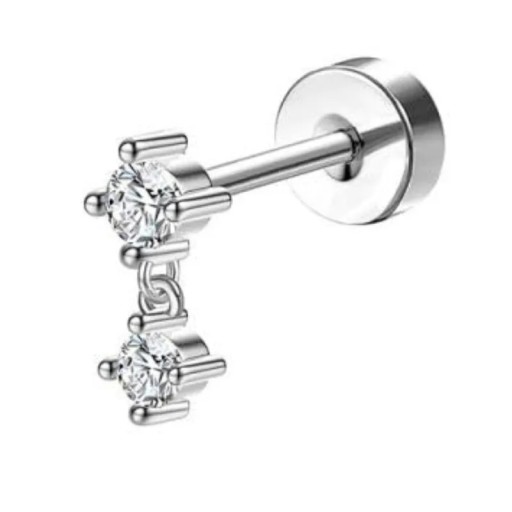 1 ks stříbrný piercing se dvěma zavěšenými diamanty 0,8 mm x 6 mm x 10 mm chirurgická nerezová ocel náušnice pro citlivé uši