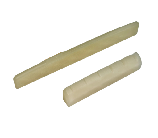 1 paar Gitaarbrug 7,5 x 0,3 cm en nul fret 4,3 x 0,5 cm van rundertanden YMH Kleur wit of ongebleekt Vervangset voor akoestische gitaar