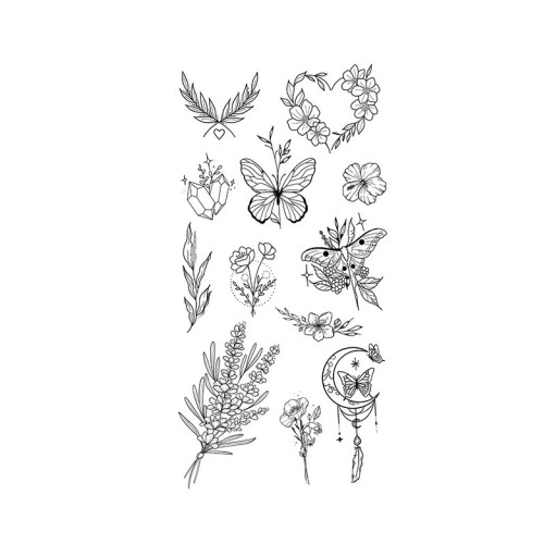1 stk. tatoveringspapir. Delikate blomstermotiver 19 x 9,6 cm. Midlertidig tatovering. Sommerfugle og blomster. Romantisk design. Elegance og delikatesse til kvinder.