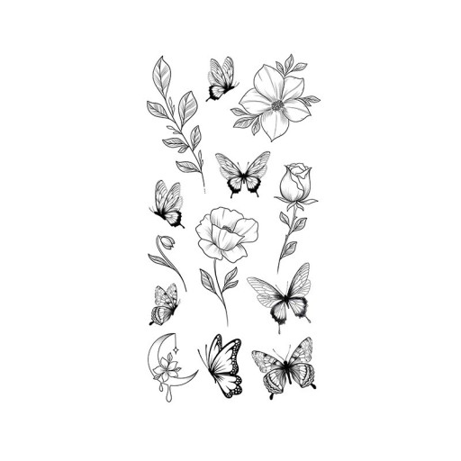 1 stk. tatoveringspapir. Delikate blomstermotiver 19 x 9,6 cm. Midlertidig tatovering. Sommerfugle og blomster. Romantisk design. Elegance og delikatesse til kvinder.