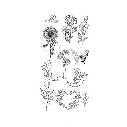 1 stk. tatoveringspapir. Delikate blomstermotiver 19 x 9,6 cm. Midlertidig tatovering. Sommerfugle og blomster. Romantisk design. Elegance og delikatesse til kvinder.