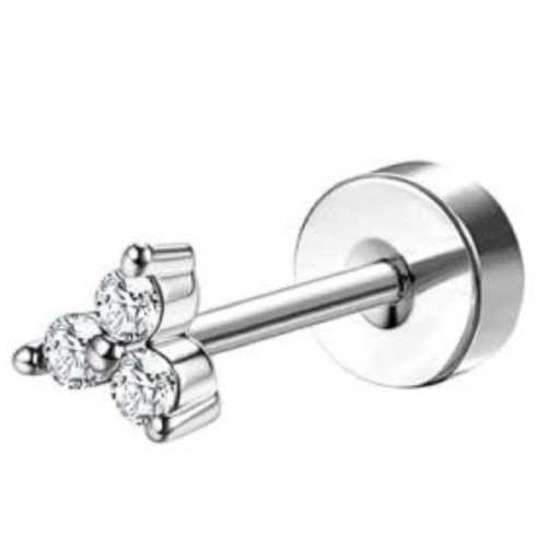 1 unid. de brinco piercing prateado 0,8 mm x 6 mm x 10 mm em aço inoxidável cirúrgico para orelhas sensíveis com motivo de 3 diamantes
