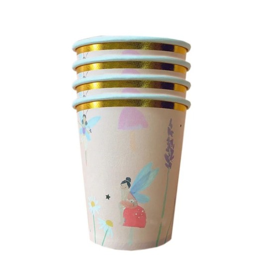 10 bucăți Cani de hârtie de unică folosință cu motiv de zâne și flori cu margine aurie Cani decorative pentru băuturi pentru petreceri de copii