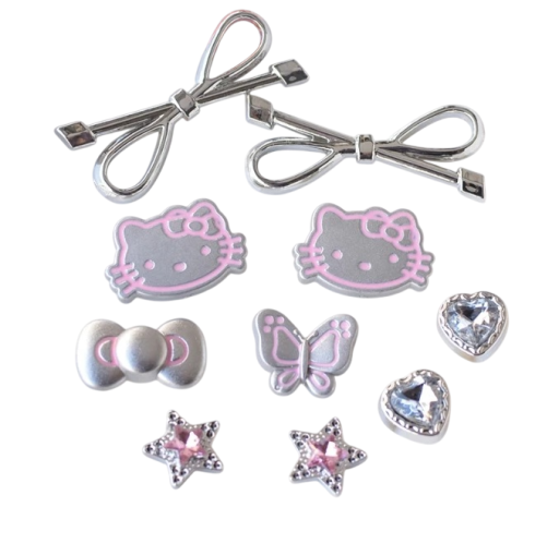 10 bucăți decorațiuni pentru crocsy fundițe Hello Kitty fluturași pietricele argintii rozalii accesorii pentru încălțăminte cu prindere ușoară