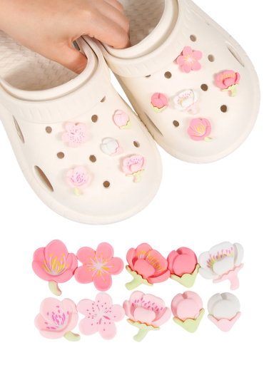 10 db kiegészítő crocs 3D cseresznyevirág műanyag díszek lábbelikhez rózsaszín dekoráció a cipő lyukaiba virágmintával