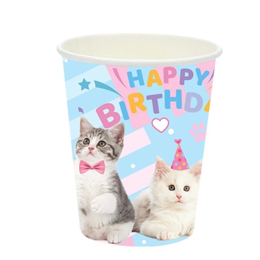 10 db Papíralapú parti poharak Happy Birthday Macskás mintás poharak Egyszer használatos italos poharak gyerek születésnapi ünnepséghez