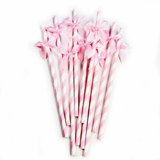 10 db Papírszívószál italokhoz Rózsaszín-fehér masnival Születésnapi szívószálak, baby shower, édes bár dekorációk italokhoz