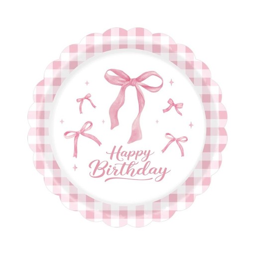 10 kpl Paperiset syntymäpäivälautaset 22,9 cm Happy Birthday Vaaleanpunaiset nauhat ruudullisella reunalla Kertakäyttöiset juhla-astiat