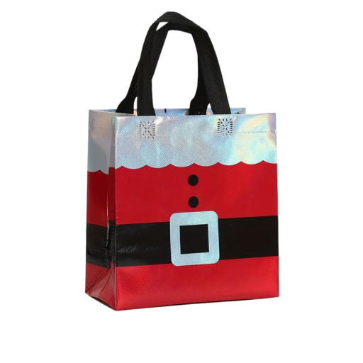 10 Pack Christmas Gift Bags 23 x 21.5 x 11 cm Red Wrapping Bags with Black Strap, Buttons and Silver Trim for Festive Gift Wrapping