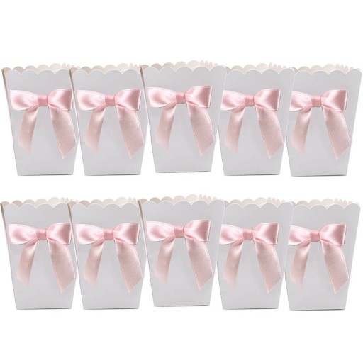 10 Pack Paper Popcorn Boxes 5.5 × 10.7 × 7.5 cm Party Box for Sweets with Pink Bow Popcorn Container Candy Bar