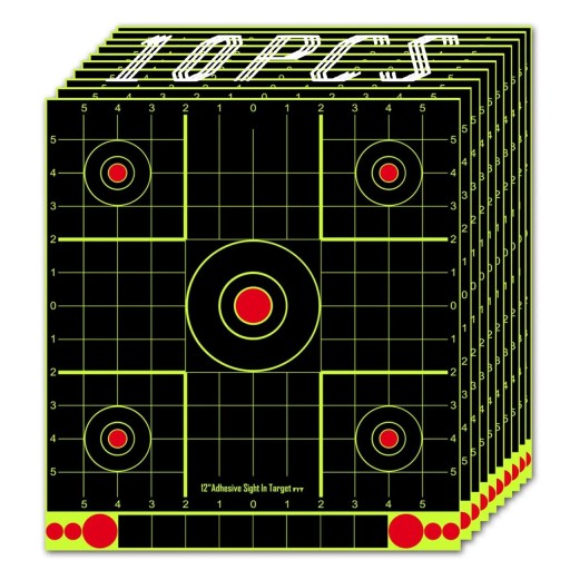 10 Pack Reflective Self-Adhesive Targets 30.5 x 33 cm 12 x 12 Inches Square Shooting Targets with Splash Phosphorescent Yellow Hit