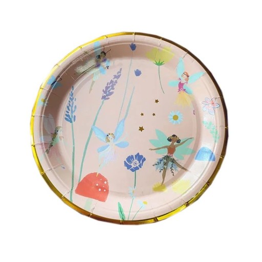 10 pcs Assiettes en papier jetables 22,9 cm Assiettes roses avec motif de fées et de fleurs Bord doré Assiettes décoratives pour nourriture desserts célébrations