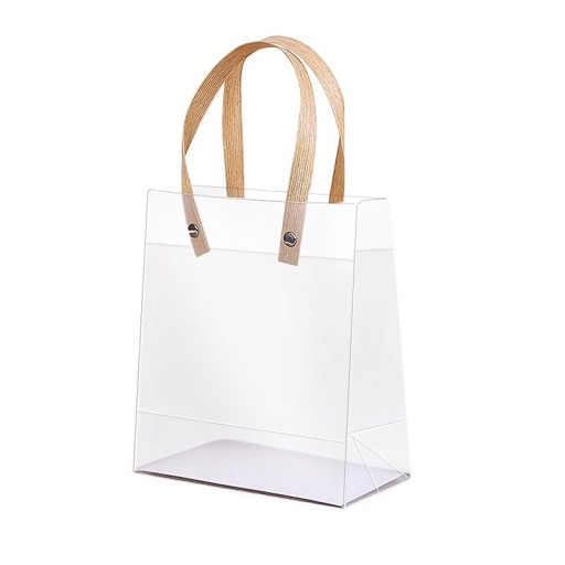10 pcs Bolsa de regalo de PVC transparente 27 x 21 x 11 cm con asas beige Bolsa de plástico lujosa para regalos y souvenirs Bolsas resistentes