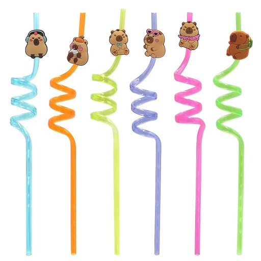 10 pcs Pailles en plastique torsadées avec capybara Pailles colorées pour boissons Pailles de fête avec capybara en caoutchouc Décorations pour célébrations