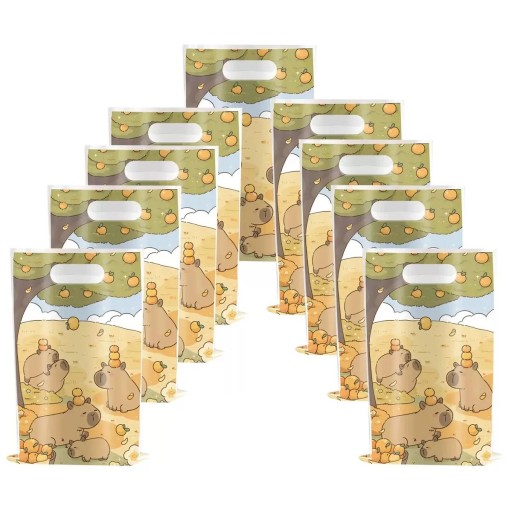 10 pcs Sacs cadeaux en plastique Kapybara Party sacs avec motif de capybaras Sacs cadeaux pour bonbons et petits cadeaux pour fête d'anniversaire d'enfants