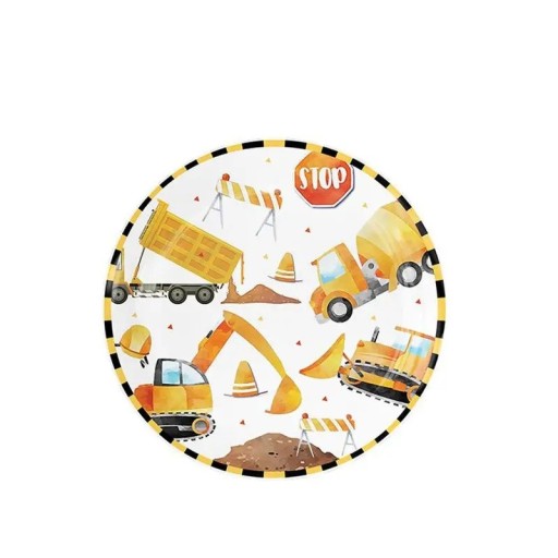 10 pz Piatti di carta 18 cm Veicoli da costruzione Escavatore Betoniere Bordo rigato Piatti usa e getta per festa di compleanno per bambini