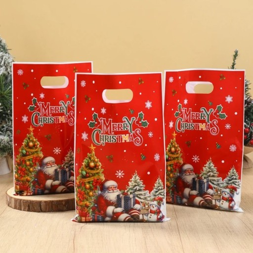 10 sacos de presente de Natal Feliz Natal 25 x 16,5 cm Pequenos sacos de plástico com alças para pequenos presentes e doces Embalagem de Natal