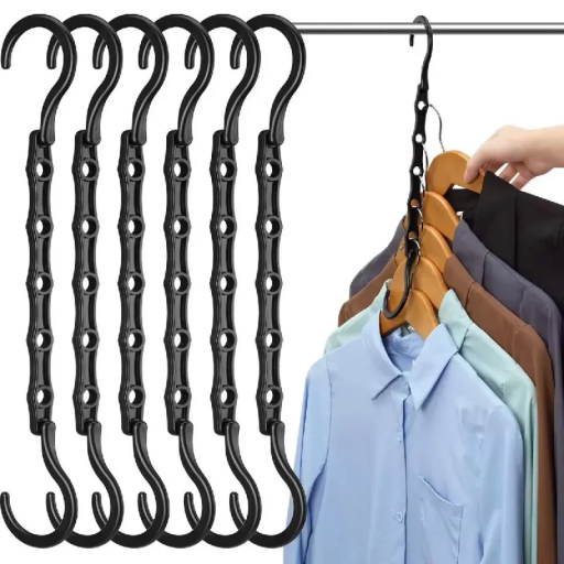 10 Space-Saving Black Plastic Hangers with 5 Holes, Length 24 cm, 2 Hooks for Rod, Practical Wardrobe Organisers