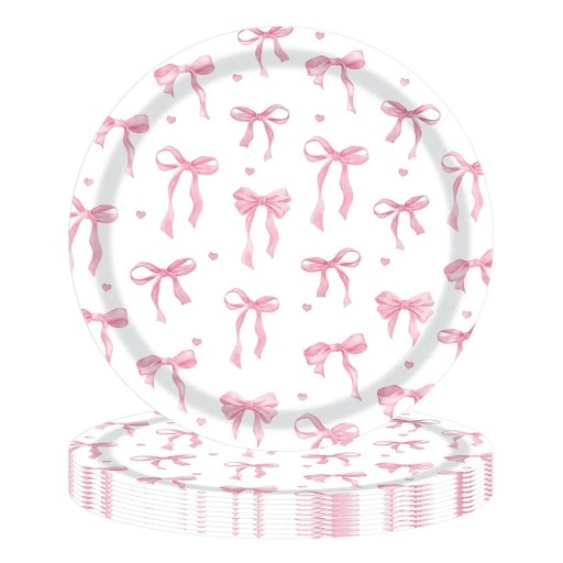 10 stk Papirparty tallerkener 22,9 cm Pink Sløjfer og Hjerter Engangs Fødselsdagstallerkener til Kage, Desserter og Snacks