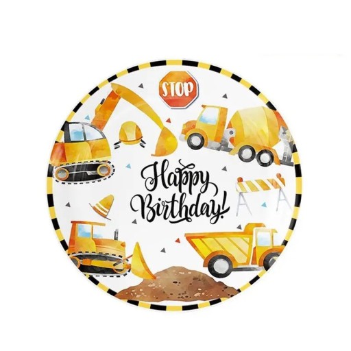 10 stk Papirplader 22,8 cm Bygningskøretøjer Happy Birthday Stribet kant Engangs tallerkener til børnefødselsdagsfest