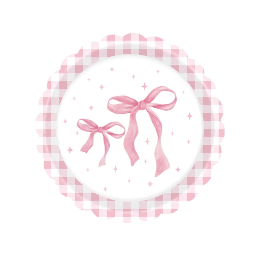 10 Stück Papierteller 17,8 cm Rosa Schleifen mit kariertem Rand Einweg-Geburtstagsteller für Kuchen und Snacks