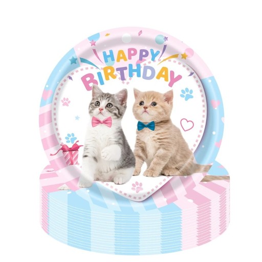 10 sztuk Papierowe talerze imprezowe 22,9 cm Talerzyki z motywem kotków Happy Birthday Jednorazowe talerze na ciasto na dziecięce urodziny