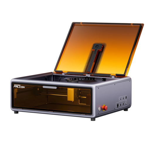 10 W Lasergraveur in grijze behuizing met oranje deksel en camera voor werkgebied van 381 x 305 mm met CoreXY aandrijving en snijden van acryl van 9,6 mm
