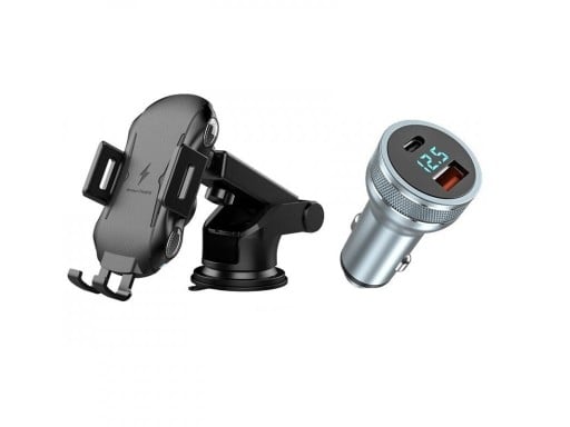 10 W Wireless Car Charger with Phone Holder Cigarette Lighter Adapter 36 W with USB and USB-C Ports Quick Charge 3.0 Power Delivery 3.0