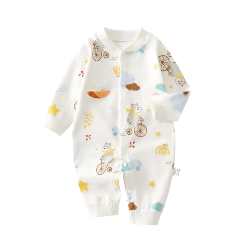 100% Baumwolloverall für Neugeborene mit langen Ärmeln und O-Ausschnitt Weißer Unisex Overall mit bunten fröhlichen Motiven und Knopfverschluss