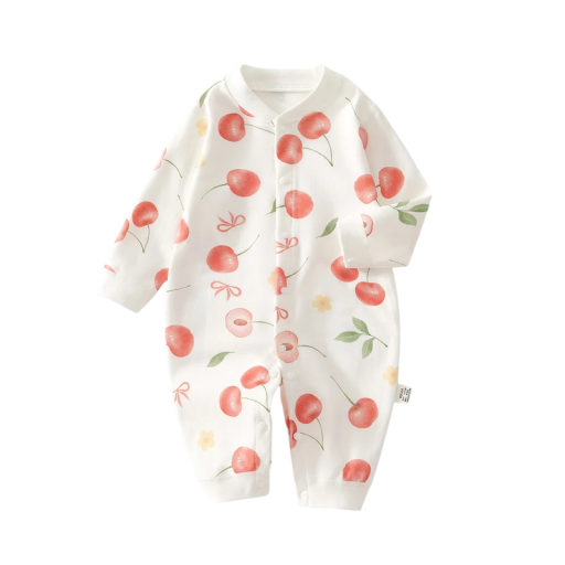 100% Katoenen overall voor pasgeborenen met lange mouwen O-hals Witte unisex overall met vrolijke tekeningen en knoopsluiting