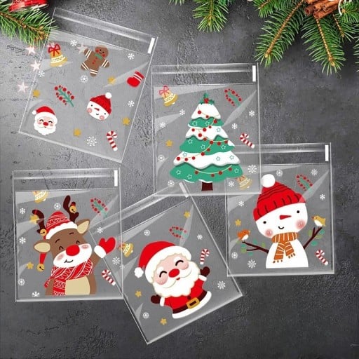 100 ks samolepiacich plastových vianočných tašiek 10 x 10 cm Balenie tašiek s vianočným motívom na cukrovinky, dary, sušienky a drobnosti