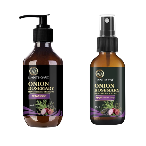 100 ml-es sampon és 30 ml-es spray hajnövekedést elősegítő, rozmaringos, hagymás, mentás, hajhullás elleni, hajtápláló, károsodást gátló, regeneráló.