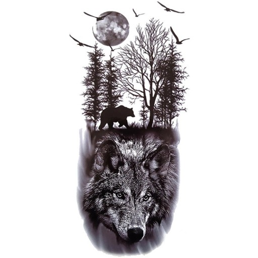 Vattentät tillfällig tatuering 21 x 11,4 cm Varg, björn, skog och fullmåne Djurmotiv Enkel applicering Hållbar tatuering Naturlig design