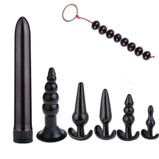 Set med 7 erotiska leksaker, vibrator, buttplugs, analbollar, silikon för honom och henne i diskret förpackning