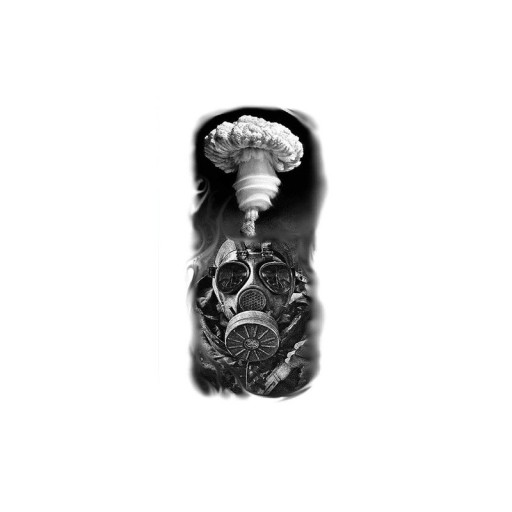 Tillfällig vattentät tatuering 11,5 x 21 cm Gasmask och svampmoln Apokalyptiskt realistiskt motiv Håller upp till 15 dagar Lätt att applicera