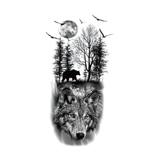 Tillfälligt vattentåligt tatuering 21 x 11,4 cm Motiv varg skog björn måne Klistermärke tatuering Stiligt kroppssmycke Vild natur
