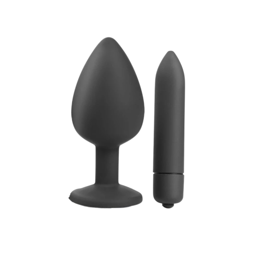 Set av svart silikon buttplug med löstagbar sten och minivibrator Diskret förpackning