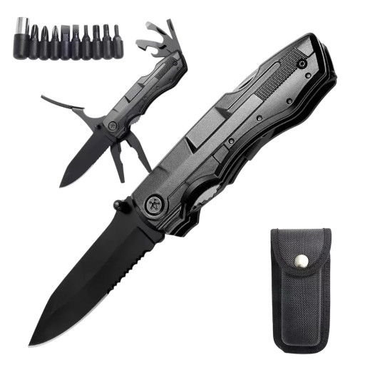 Faca de bolso multifuncional para exterior 19 cm com estojo Faca dobrável com chave de fenda 10 em 1 Sobrevivência Camping Caminhadas Aço inoxidável
