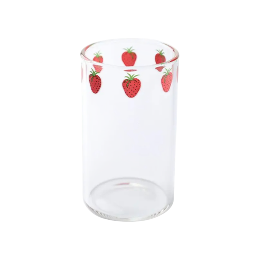 Transparent glas av värmebeständigt glas 280 ml Glas med jordgubbstryck Designerglas för te, kaffe, mjölk, drycker, lemonad