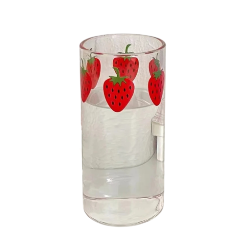 Transparent glas av värmebeständigt glas 360 ml Glas med jordgubbstryck Designerglas för te, kaffe, mjölk, drycker, lemonad