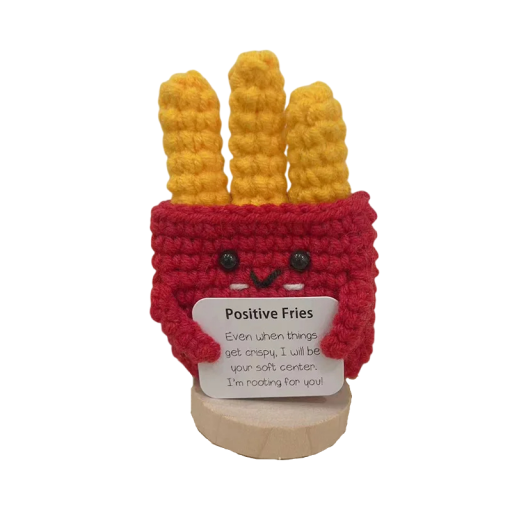 Virkade pommes frites med ett leende För positiv energi Dekorativ leksak för inredningen Originalpresent Handgjord Glad inskription