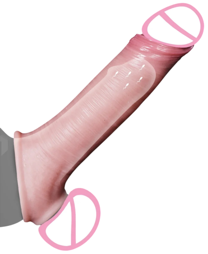 Realistisk silikonpenishylsa 21x4cm med testikelhål, ådring och naturlig nyans, diskret förpackning