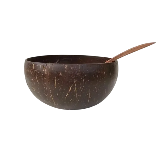 Naturlig kokosskål med sked Diameter 12–15 cm Höjd 4,5–6,5 cm Handgjord kokosskål Eko köksutrustning Dekoration