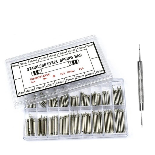 Set med 270 flexibla stift i rostfritt stål 1,5 mm för 8-25 mm remmar inklusive rembytesverktyg
