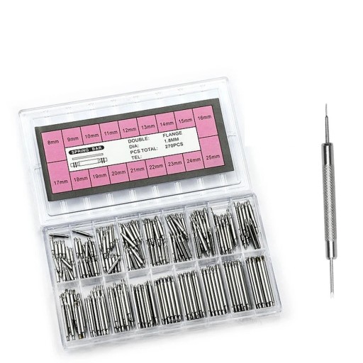 Set med 270 stycken 1,8 mm flexibla stift i rostfritt stål för 8-25 mm remmar inklusive rembyteverktyg