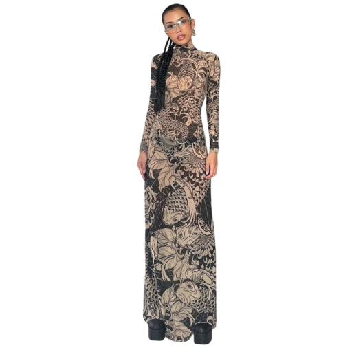 Lång bodycon-klänning med koi-karp och lövtryck Elegant skir klänning med polotröja Långärmad Snygga kvällskläder