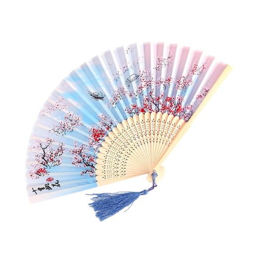 Kinesisk bambu vikfläkt 21 x 38 cm Rosa-blå med trädblommor Traditionell dekoration Gåva Orientalisk stil Elegant tillbehör